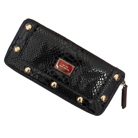 Michael Kors Navy Snakeskin Gold Studded Zip Around Wallet - Picture 1 of 5